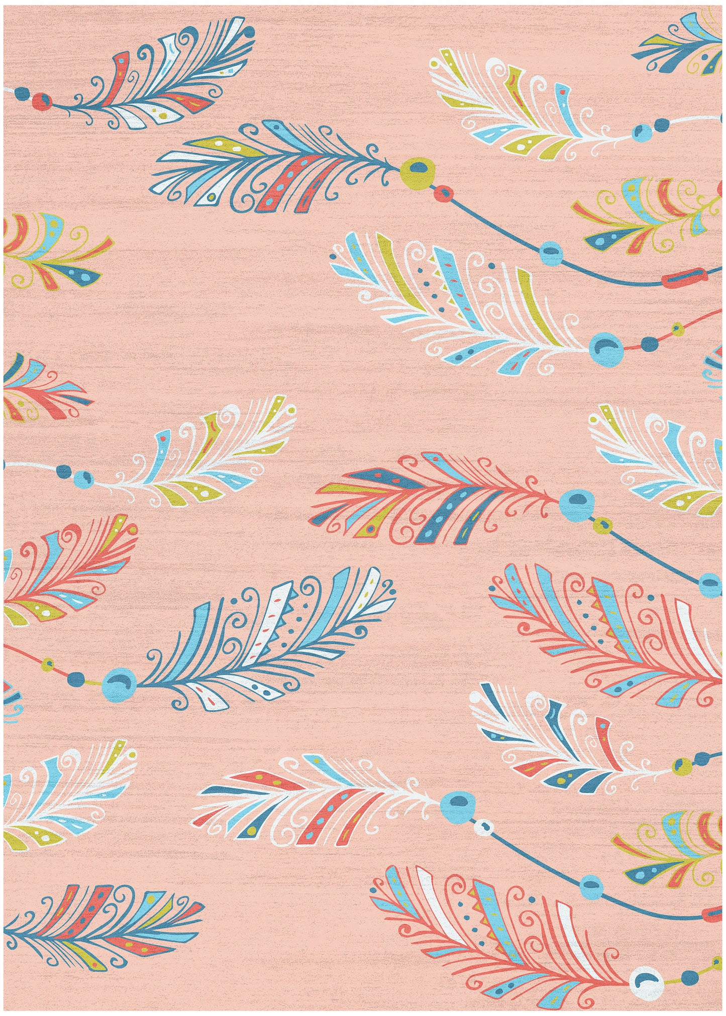 Pink patterned rug with colorful feather motifs & bead garlands in blues, greens, yellows & coral.