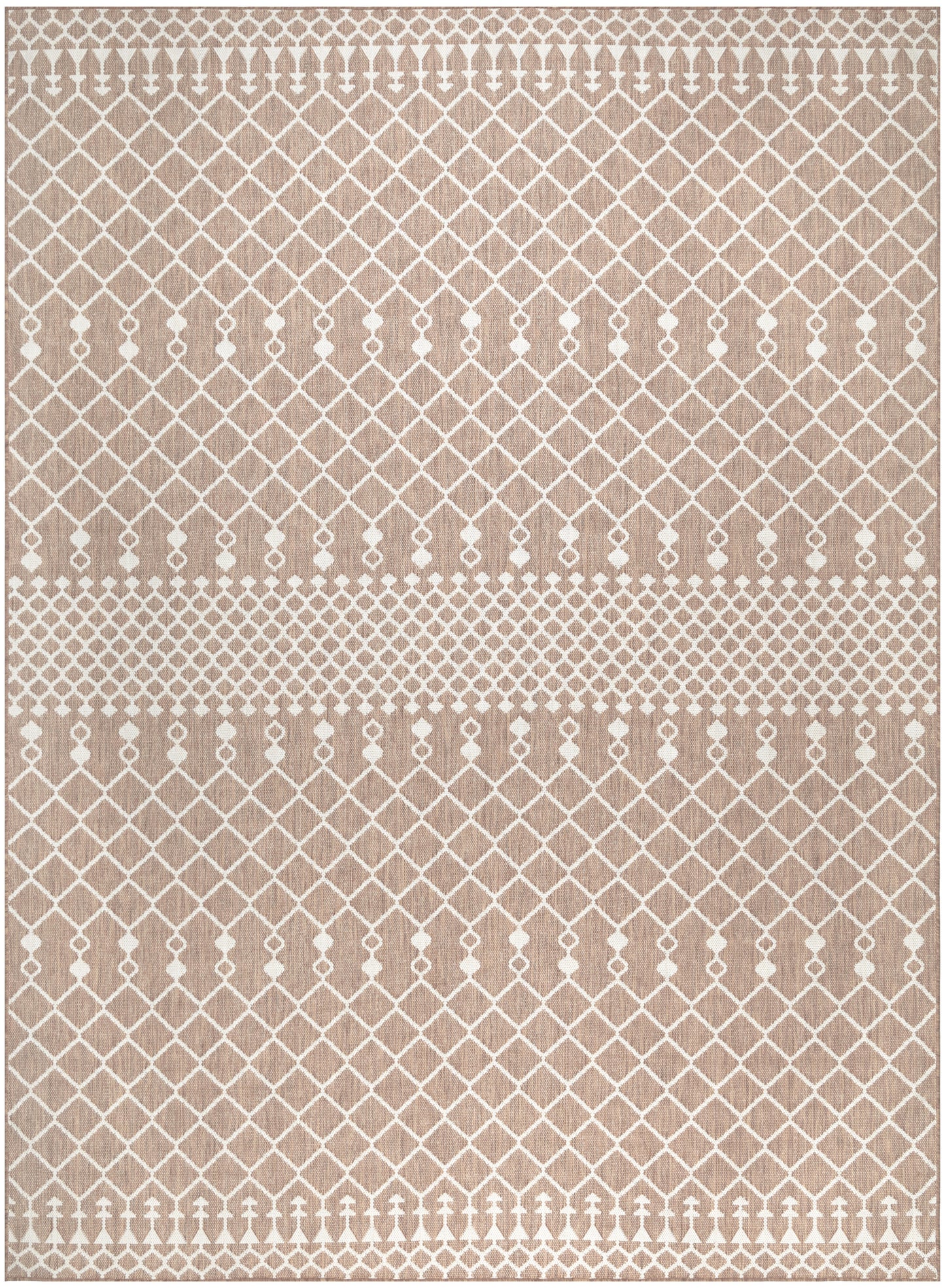 Beige rectangular rug with white lattice diamond pattern and dotted borders, versatile modern living-room decor.