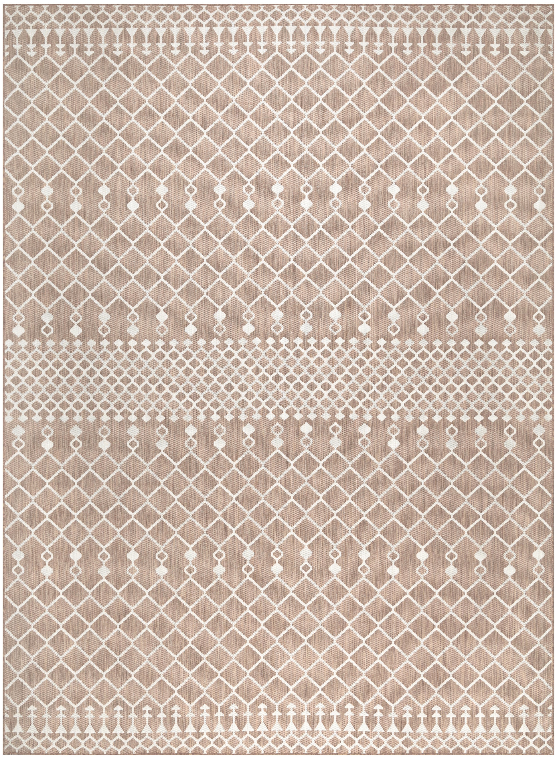 Beige rectangular rug with white lattice diamond pattern and dotted borders, versatile modern living-room decor.