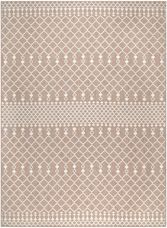 Beige rectangular rug with white lattice diamond pattern and dotted borders, versatile modern living-room decor.