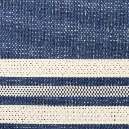 Close-up of navy blue and cream striped woven rug with textured knit and alternating bands (5' x 7').