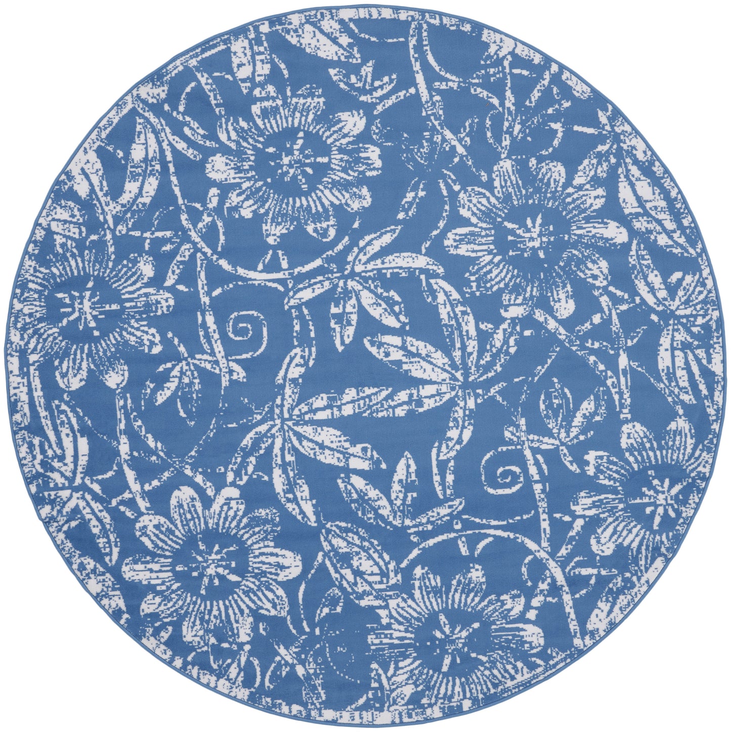 Round blue rug with white floral damask pattern and vine motifs; decorative home accessory.