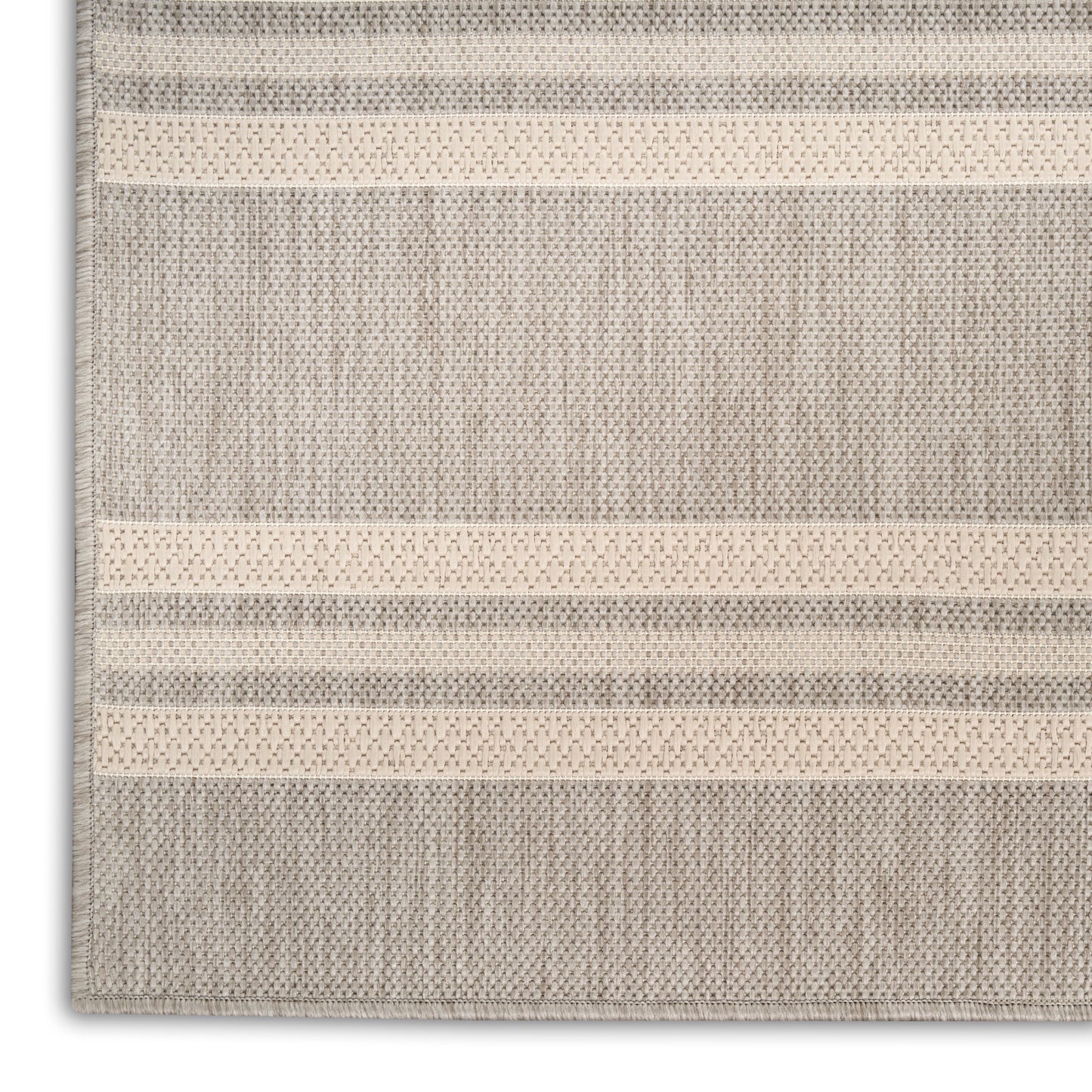 Beige and taupe striped woven area rug with textured horizontal bands; rectangular, ideal for living room or hallway.