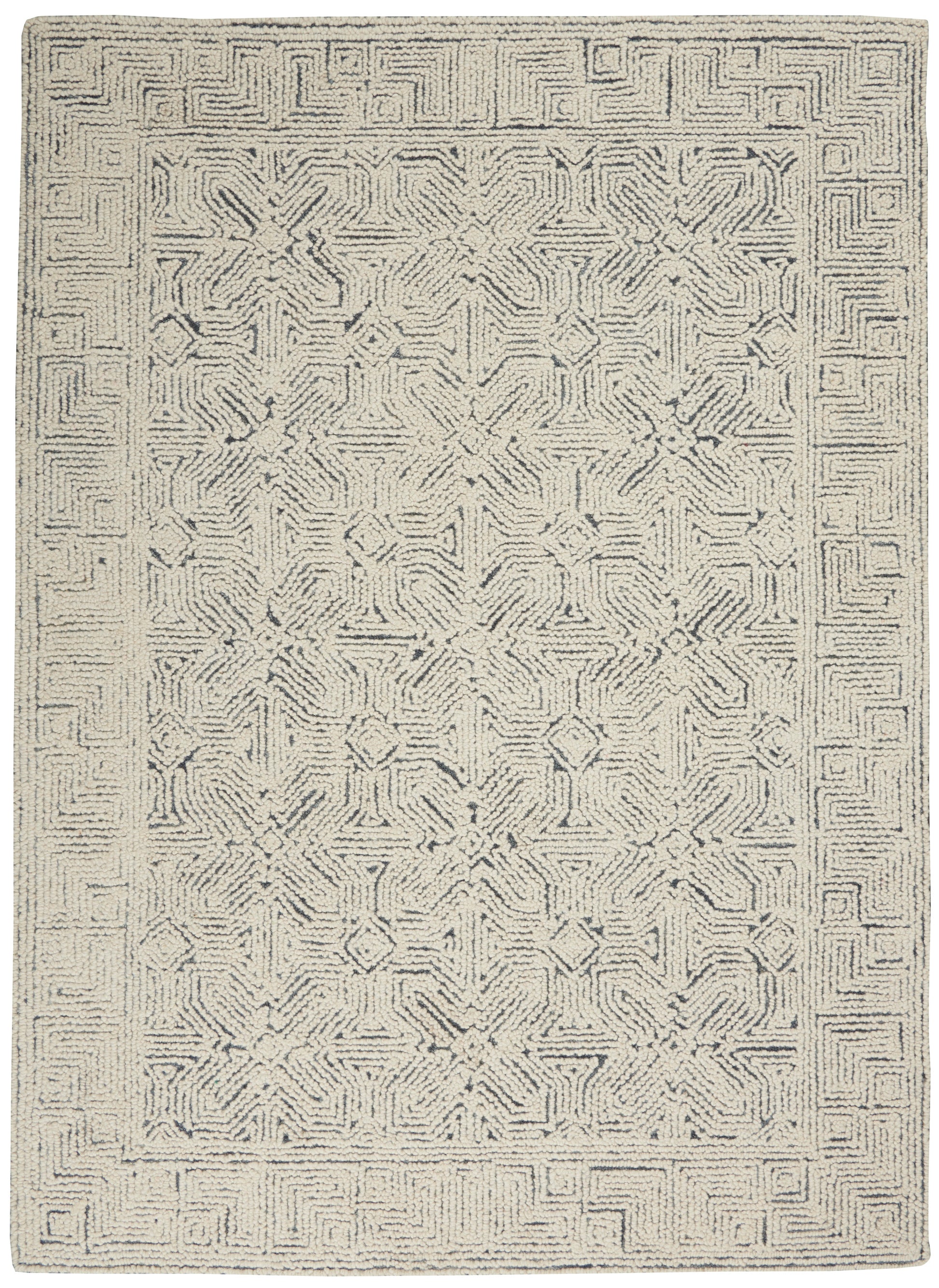 Rectangular cream and charcoal area rug with geometric medallion center and Greek-key border; plush tufted pile.