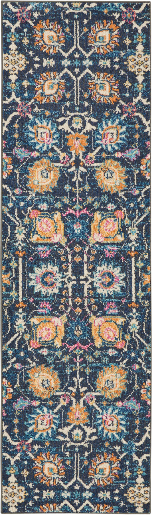 Navy blue Bohemian-style runner rug with orange, pink, teal and ivory floral motifs and a symmetrical, ornate design.