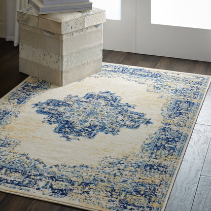 Cream & blue distressed area rug with medallion center on dark wood floor, beside beige stacked storage boxes & books.