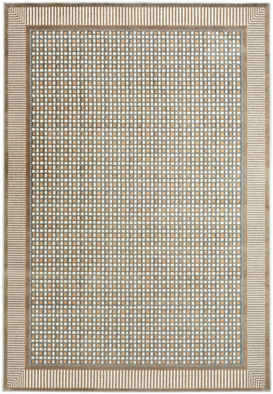 Rectangular flatweave rug with a tan-beige and gray grid center, framed by a tan striped border for a neutral, modern look.