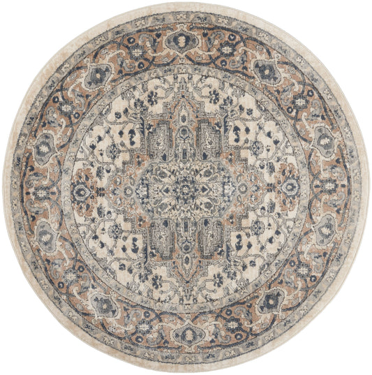 Round oriental rug with antique medallion design in beige, blue & gray hues; plush woven decor for living room.