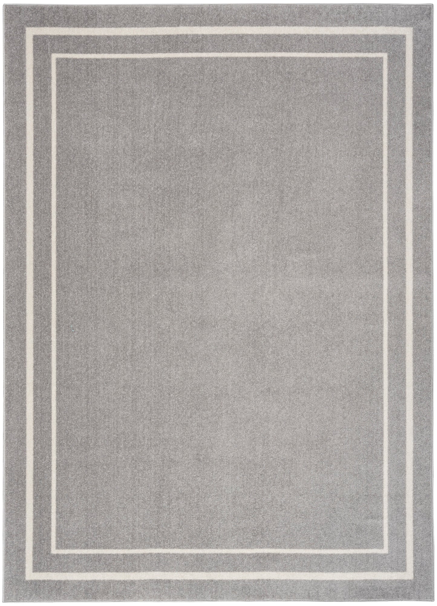 Soft grey rectangular rug with double white border lines forming nested rectangles; modern minimalist style.