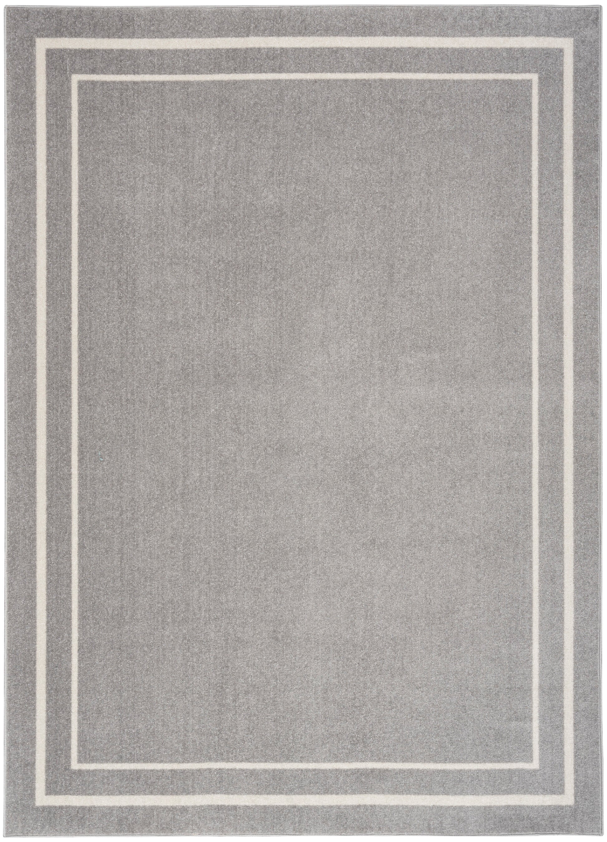 Soft grey rectangular rug with double white border lines forming nested rectangles; modern minimalist style.