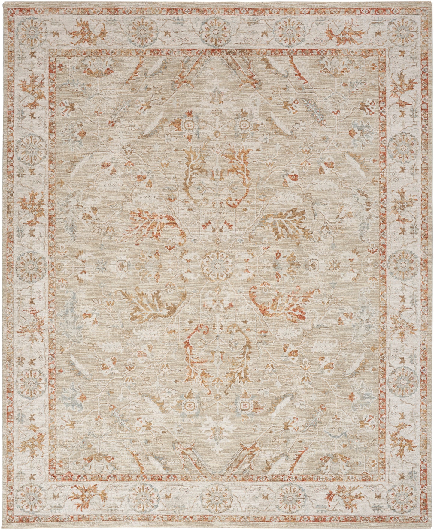 Beige oriental area rug with muted rust, blue, and cream floral medallions and ornate border; vintage-inspired.