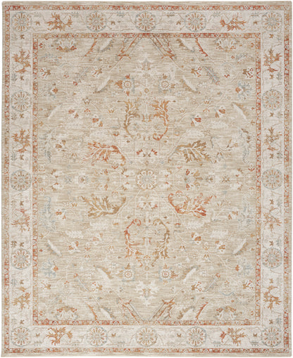 Beige oriental area rug with muted rust, blue, and cream floral medallions and ornate border; vintage-inspired.