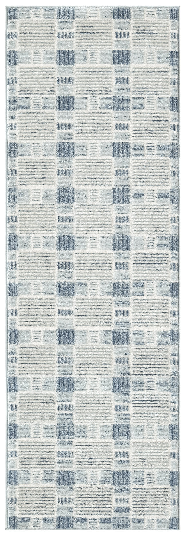 Long blue and ivory geometric patchwork runner rug with distressed lines and soft plush pile.
