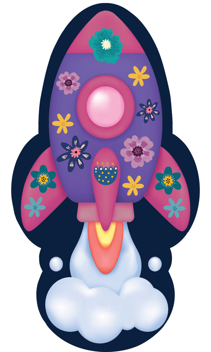 Colorful cartoon rocket with purple body, pink nose, navy fins, floral patterns and orange exhaust with blue smoke