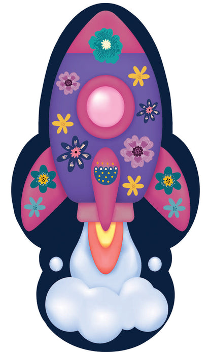 Colorful cartoon rocket with purple body, pink nose, navy fins, floral patterns and orange exhaust with blue smoke