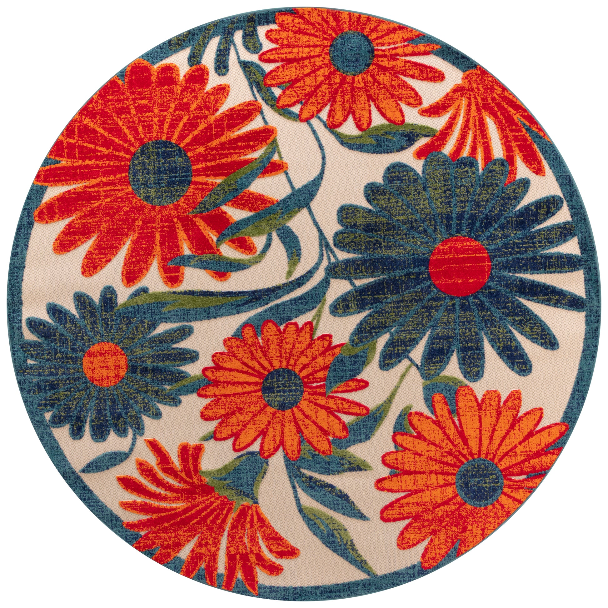Round area rug with bold red and blue daisy flowers, green leaves on a beige background, teal border.