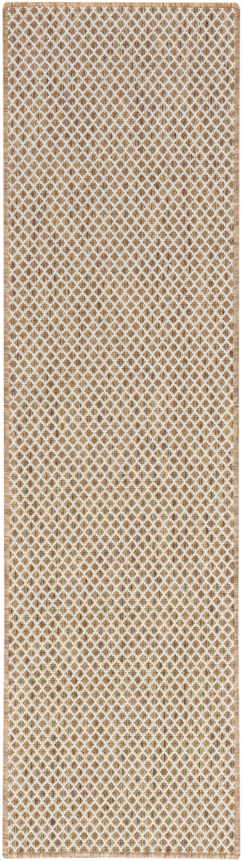 Long natural jute rug runner with brown and ivory diamond lattice pattern and braided tan border.