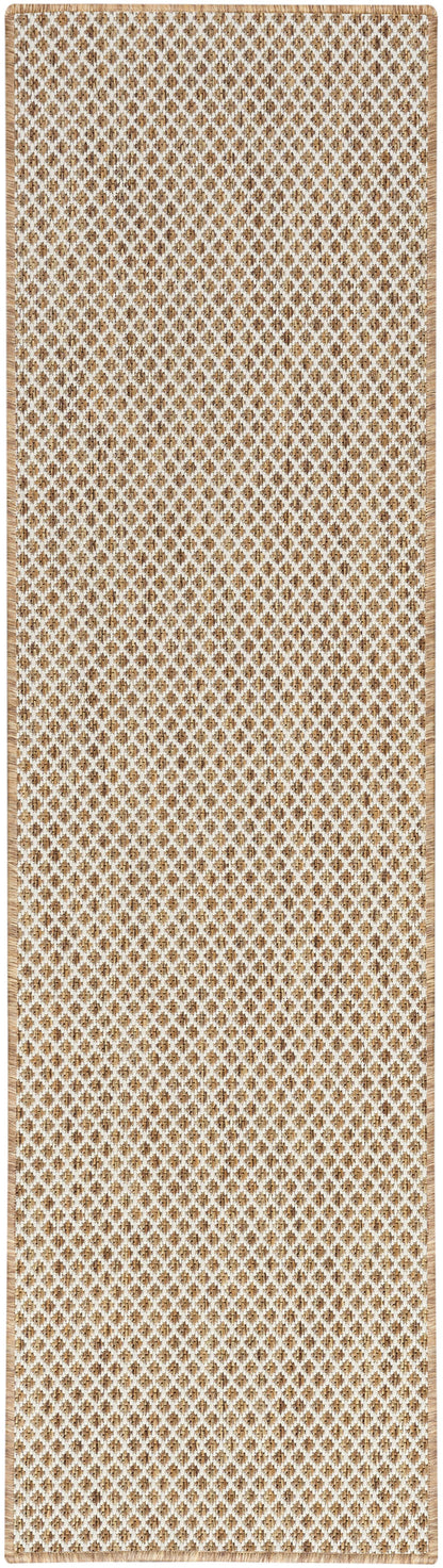 Long natural jute rug runner with brown and ivory diamond lattice pattern and braided tan border.