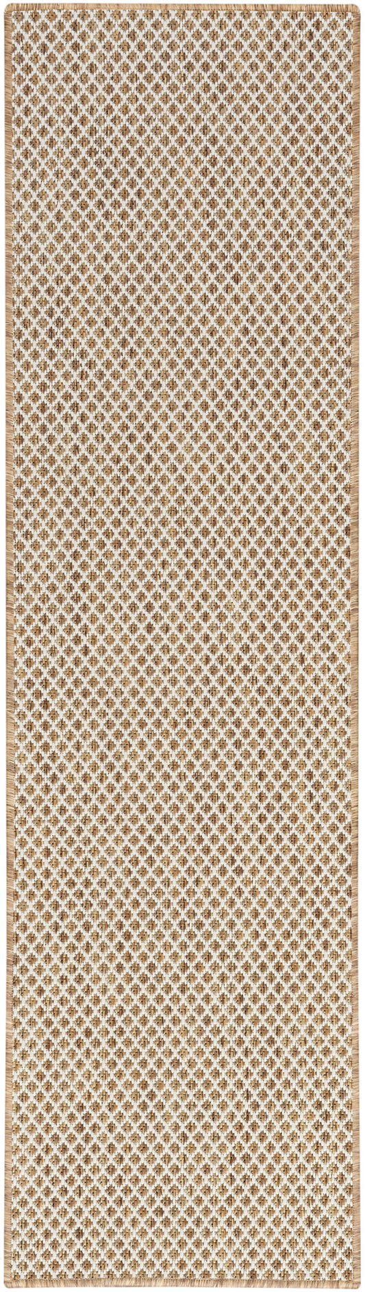 Long natural jute rug runner with brown and ivory diamond lattice pattern and braided tan border.