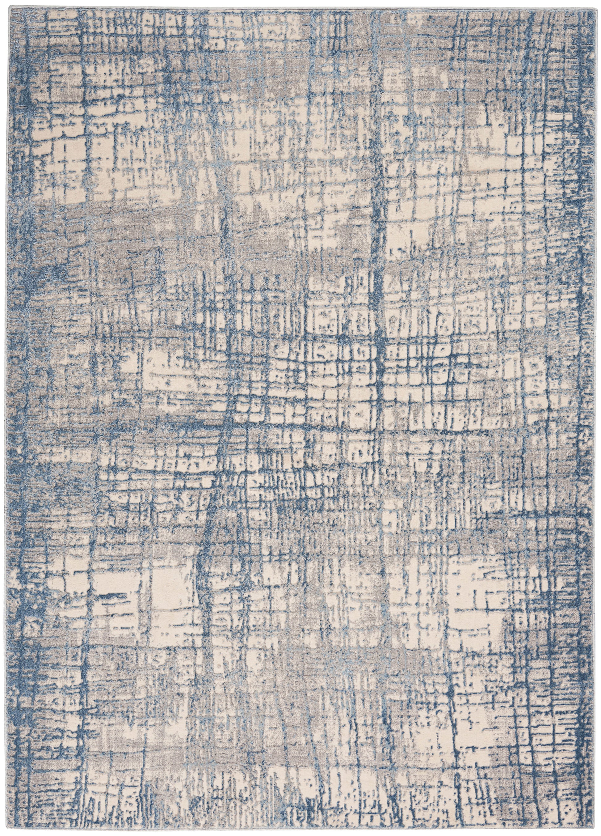 Blue and beige abstract area rug with a distressed grid pattern and soft, textured surface.