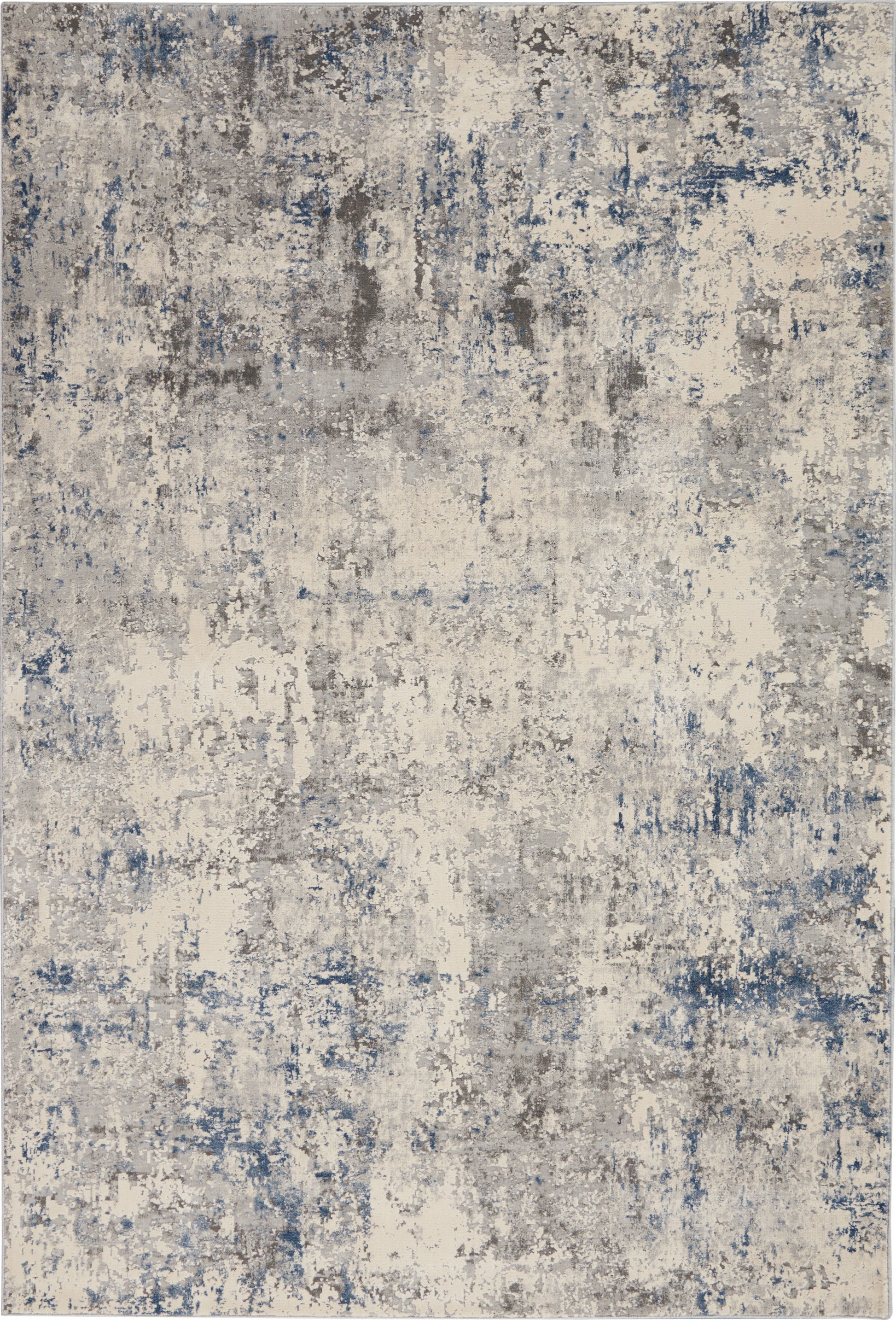 Rustic distressed area rug in cream, gray and blue tones with mottled texture.
