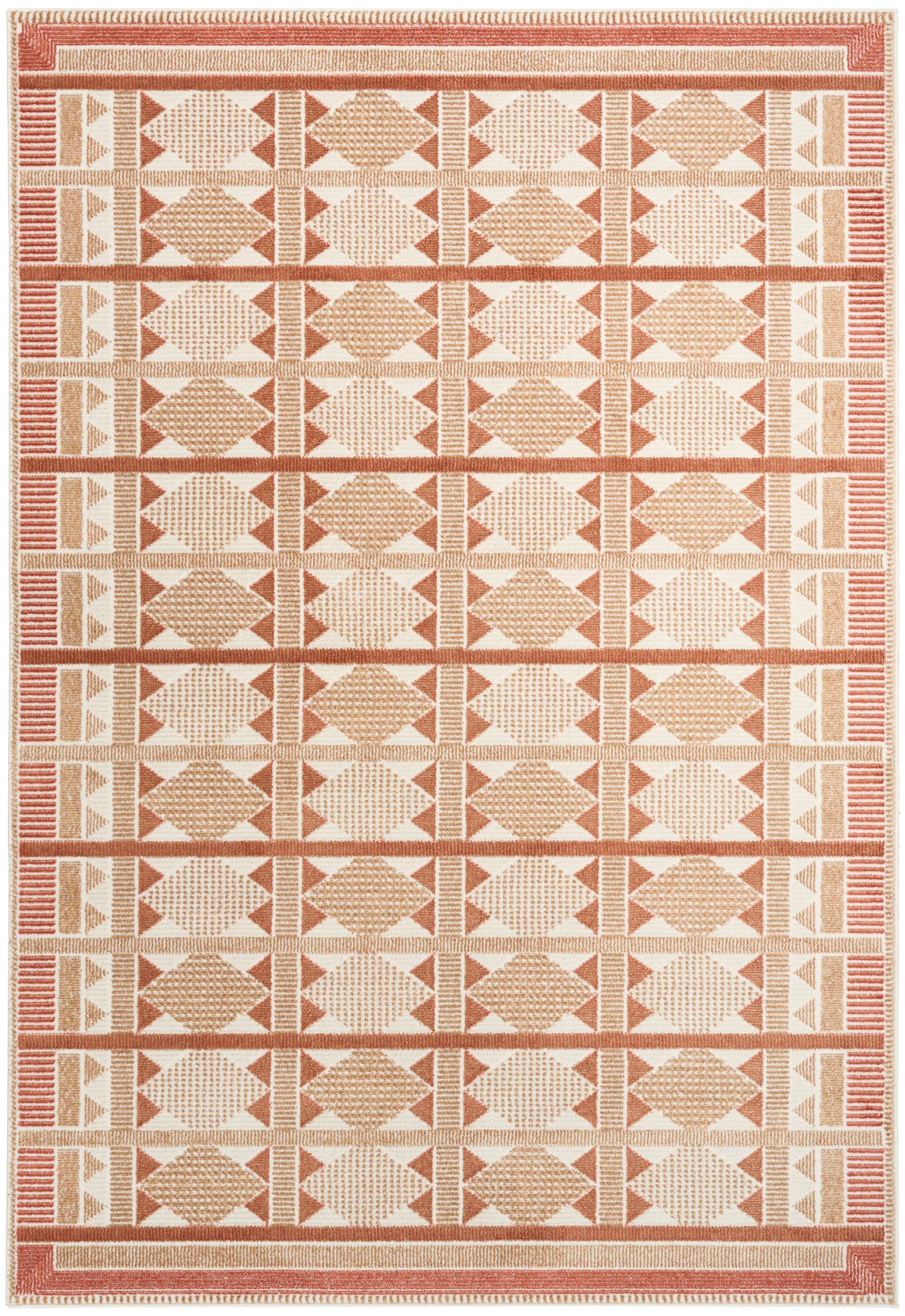 Rectangular woven rug in beige & terracotta with repeating diamond grid and striped borders; geometric tribal style.
