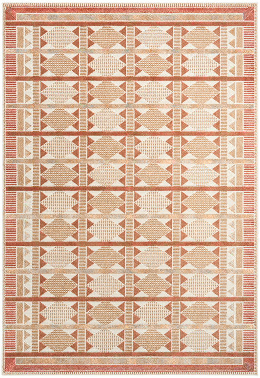 Rectangular woven rug in beige & terracotta with repeating diamond grid and striped borders; geometric tribal style.