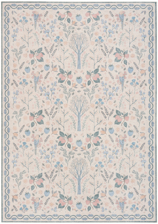 Pastel floral area rug with blue border; pale pink-beige ground, blue & pink blossoms, symmetrical tree motifs.