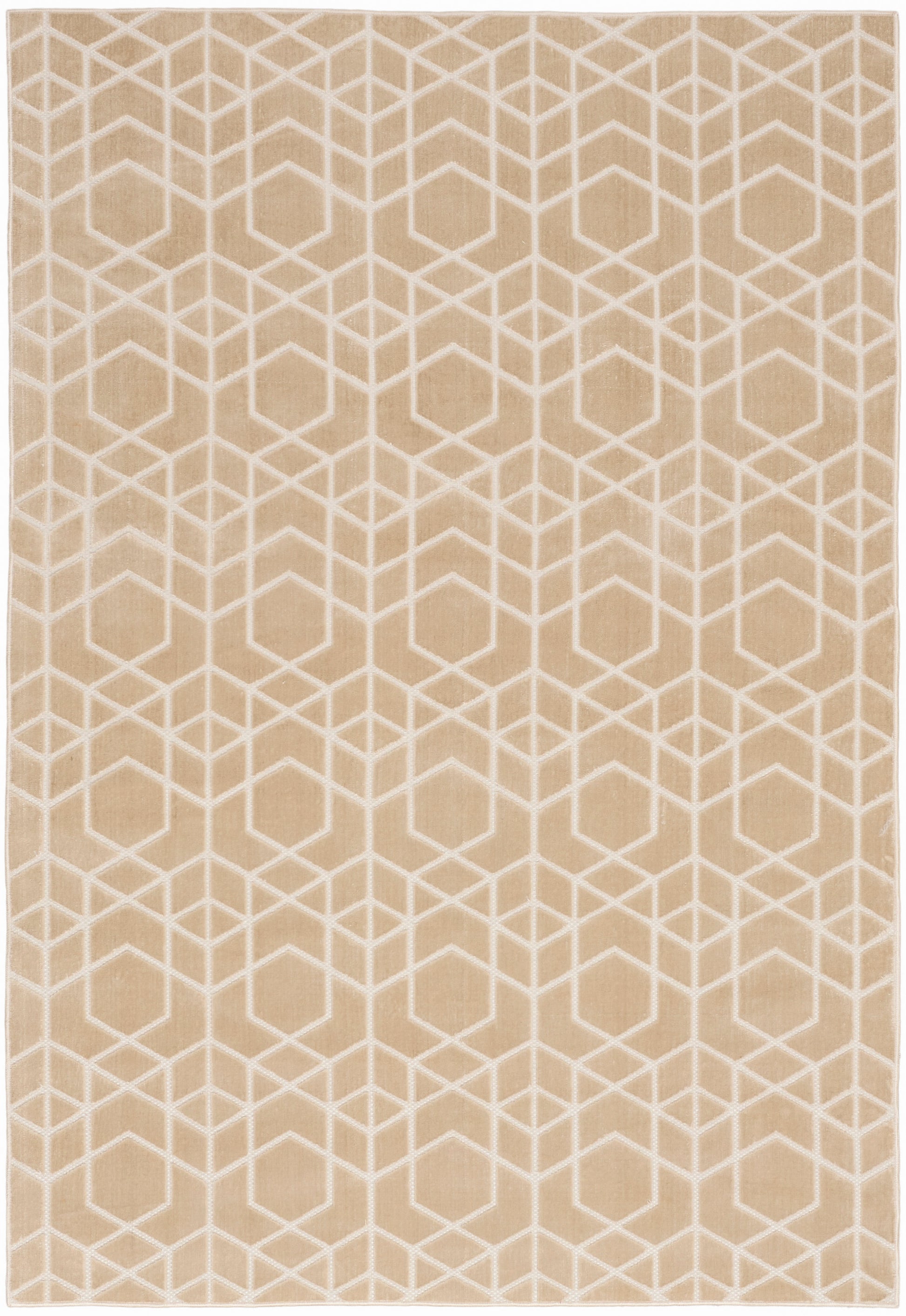Beige rectangular rug with white geometric cube lattice pattern; modern contemporary decor.