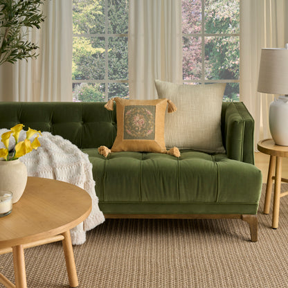 Olive green 15 x 15 inch square rug with a subtle vintage-inspired pattern.