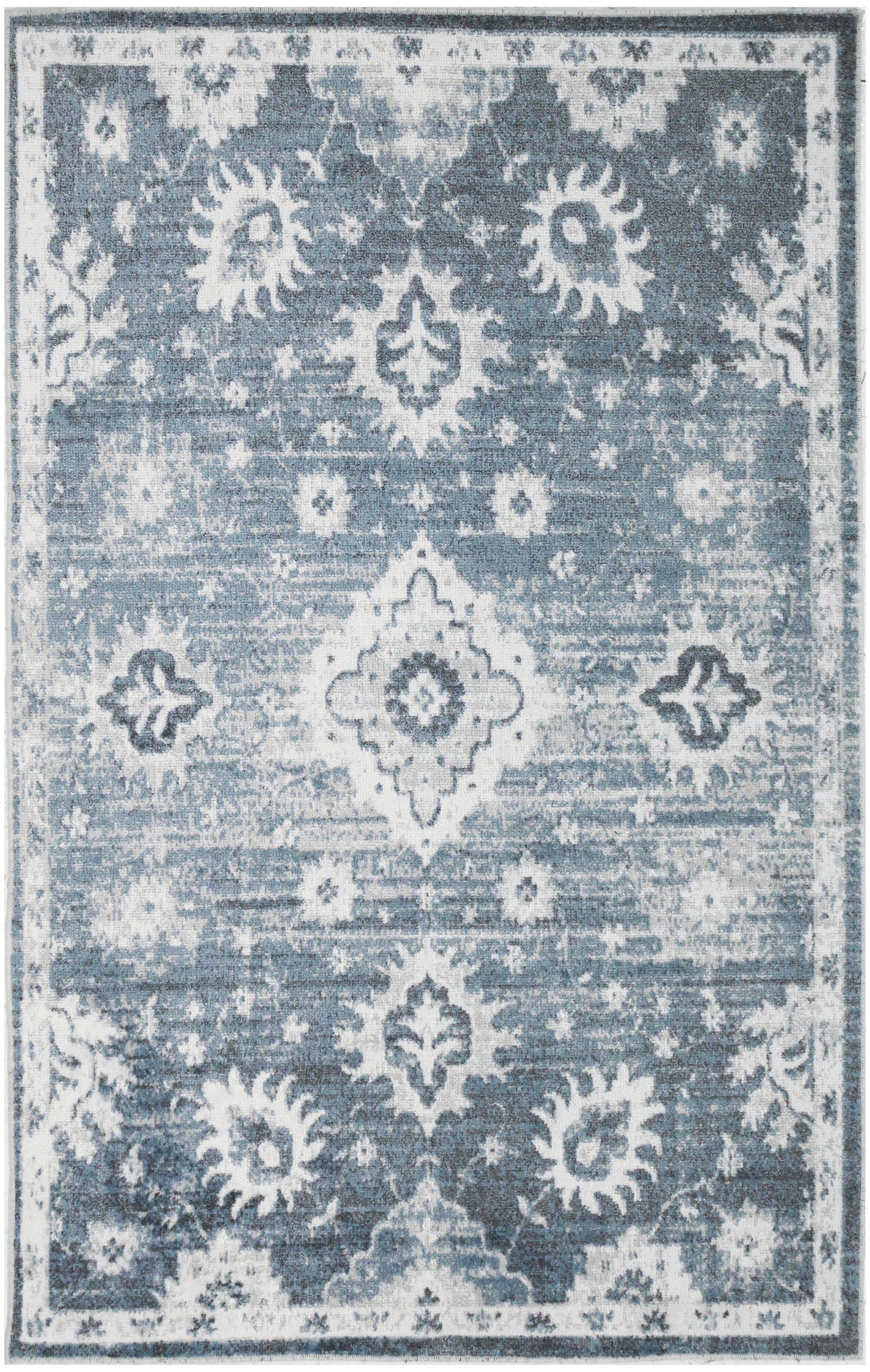 Rectangular blue and ivory distressed rug with floral medallions and border, traditional Persian-inspired design, 3' x 5'.