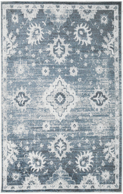 Rectangular blue and ivory distressed rug with floral medallions and border, traditional Persian-inspired design, 3' x 5'.
