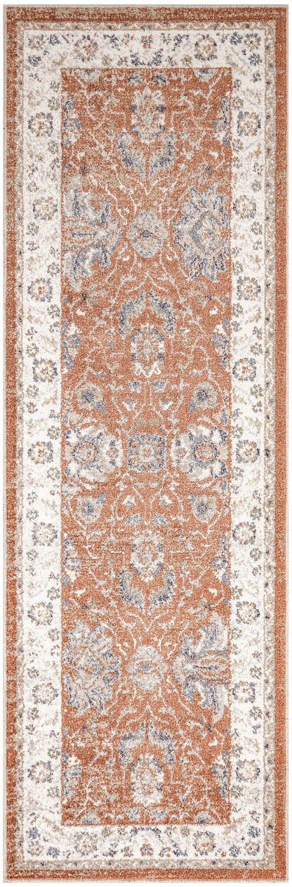 Long Persian-style runner rug: orange central field, blue/ivory floral arabesques, pale cream border with blue accents.