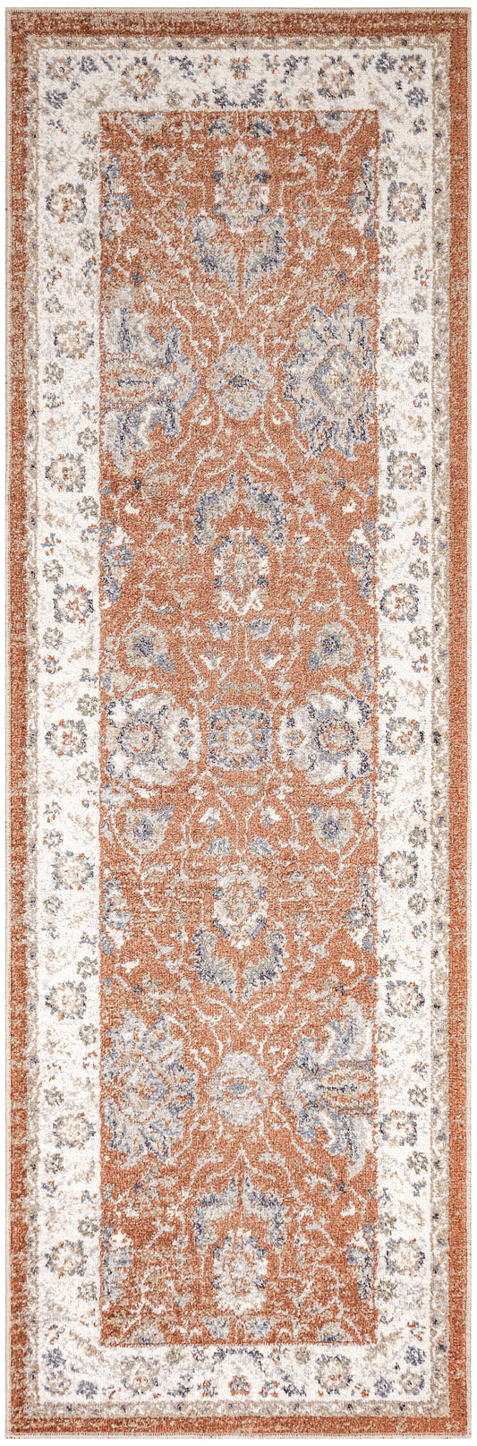 Long Persian-style runner rug: orange central field, blue/ivory floral arabesques, pale cream border with blue accents.