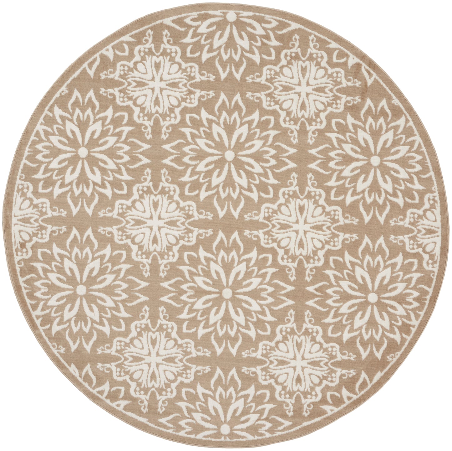 Round beige rug with white intricate mandala floral motif; boho chic, versatile for living spaces.