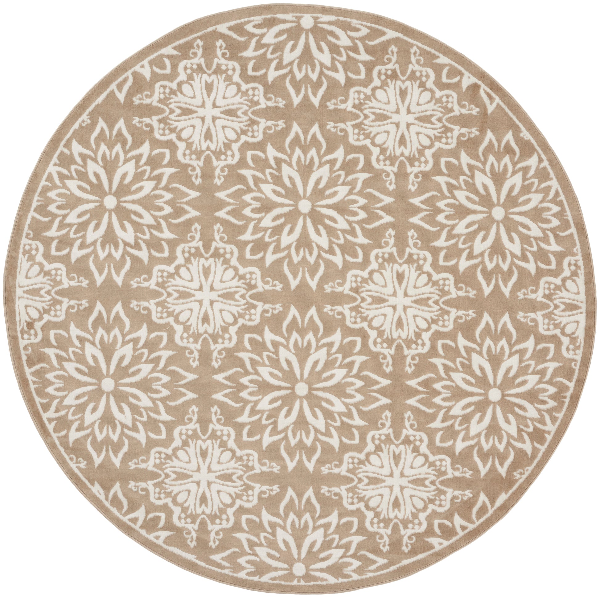 Round beige rug with white intricate mandala floral motif; boho chic, versatile for living spaces.