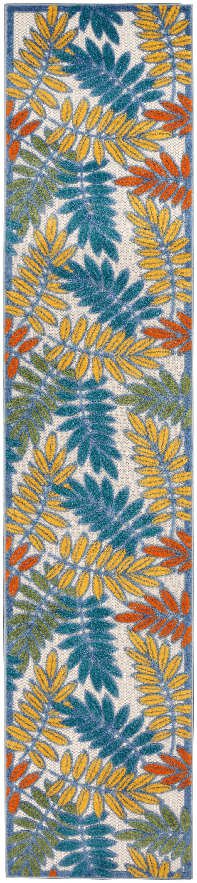 Long rectangular runner rug with tropical leaf pattern in teal, yellow, and orange on a light background; blue border.