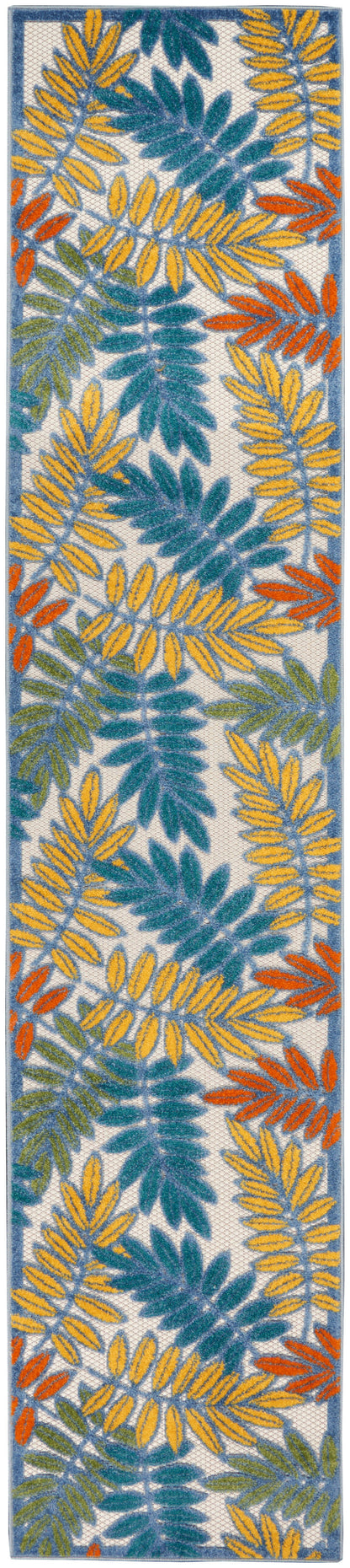 Long rectangular runner rug with tropical leaf pattern in teal, yellow, and orange on a light background; blue border.