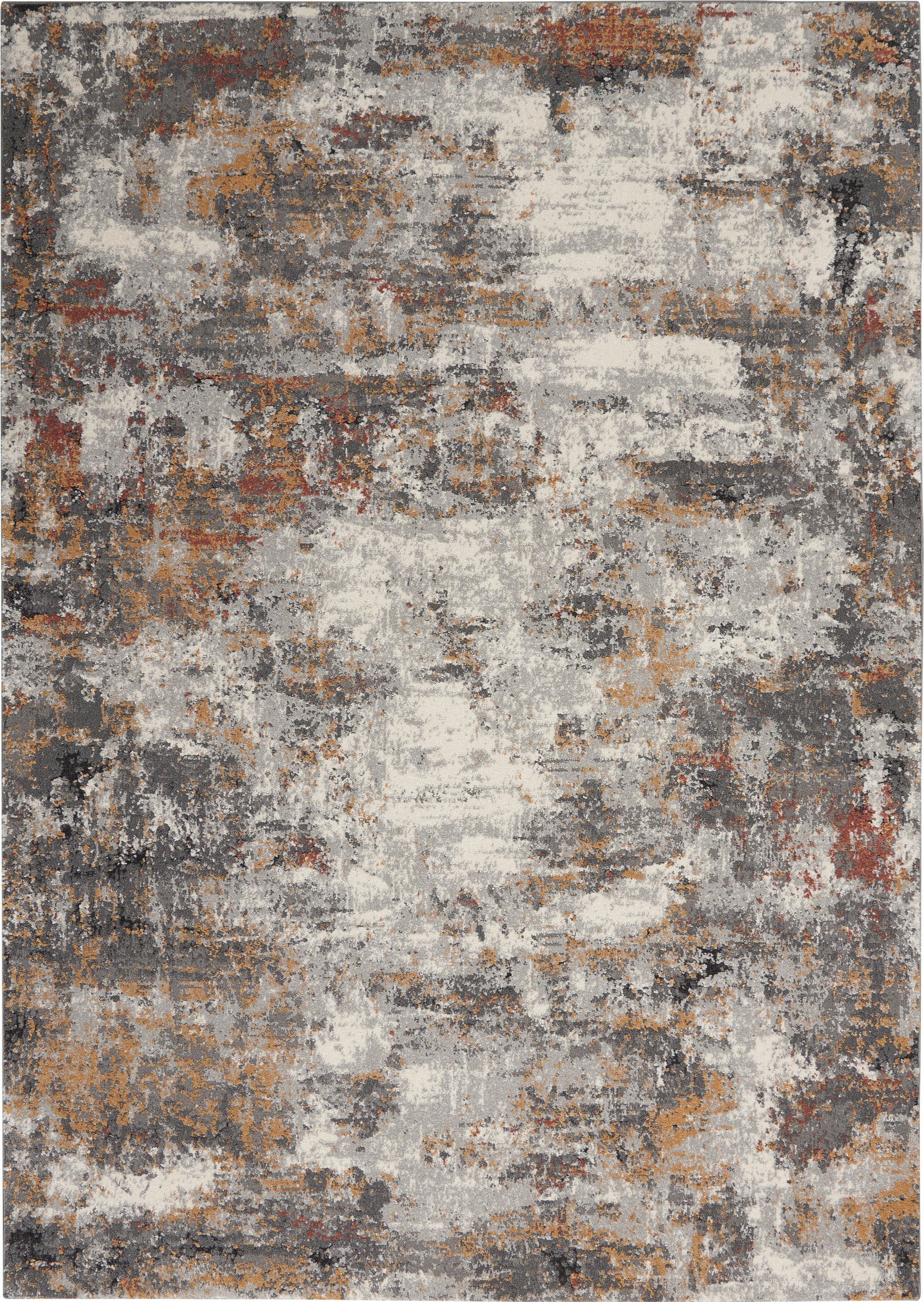 Abstract distressed area rug in grey, cream, rust, and tan tones with an irregular modern pattern.