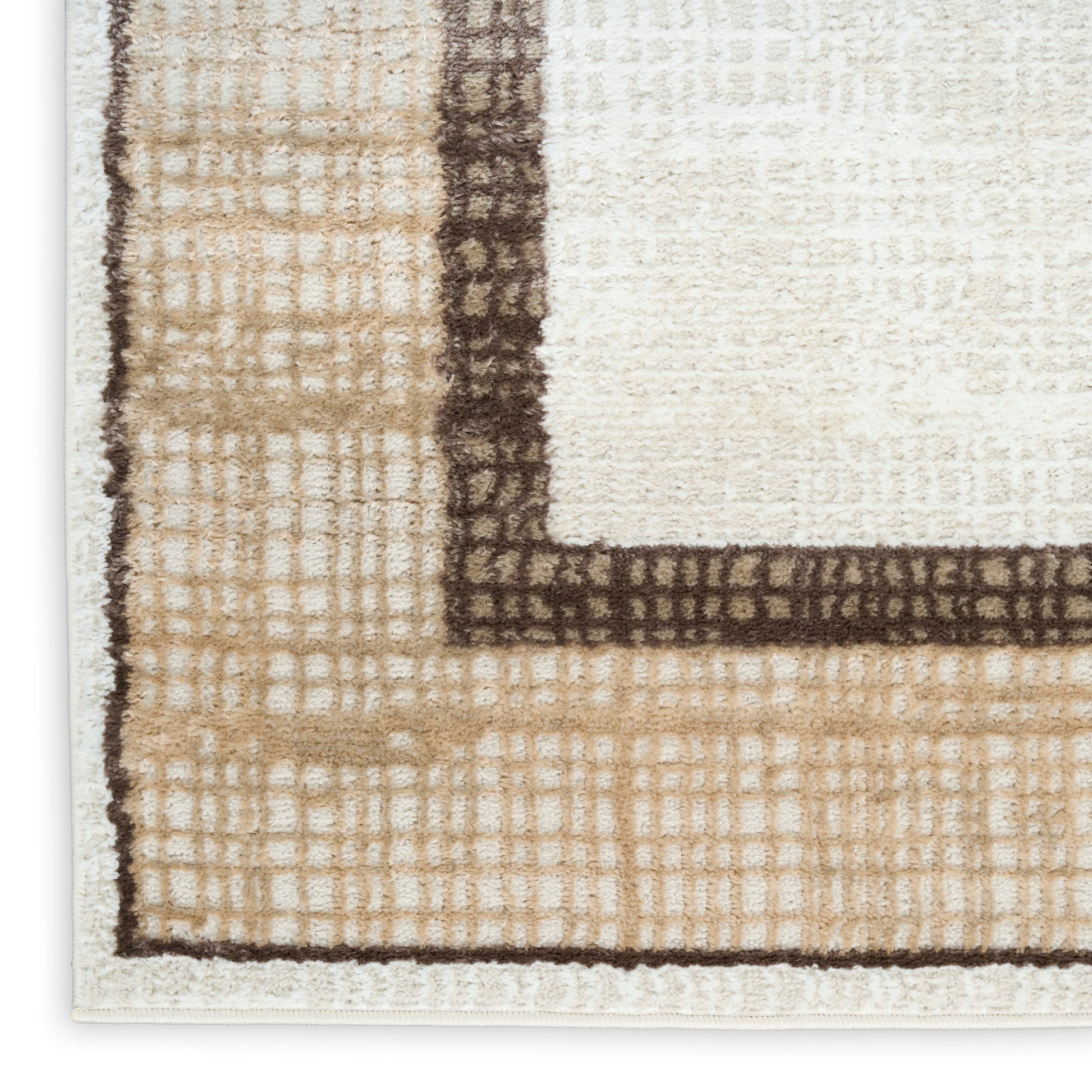 Beige textured area rug with tan border, dark brown edge and cream center with subtle grid pattern.