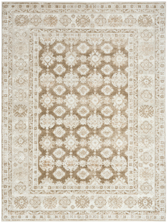 Beige and cream Persian-style area rug with repeating floral medallions and ornate bordered design.
