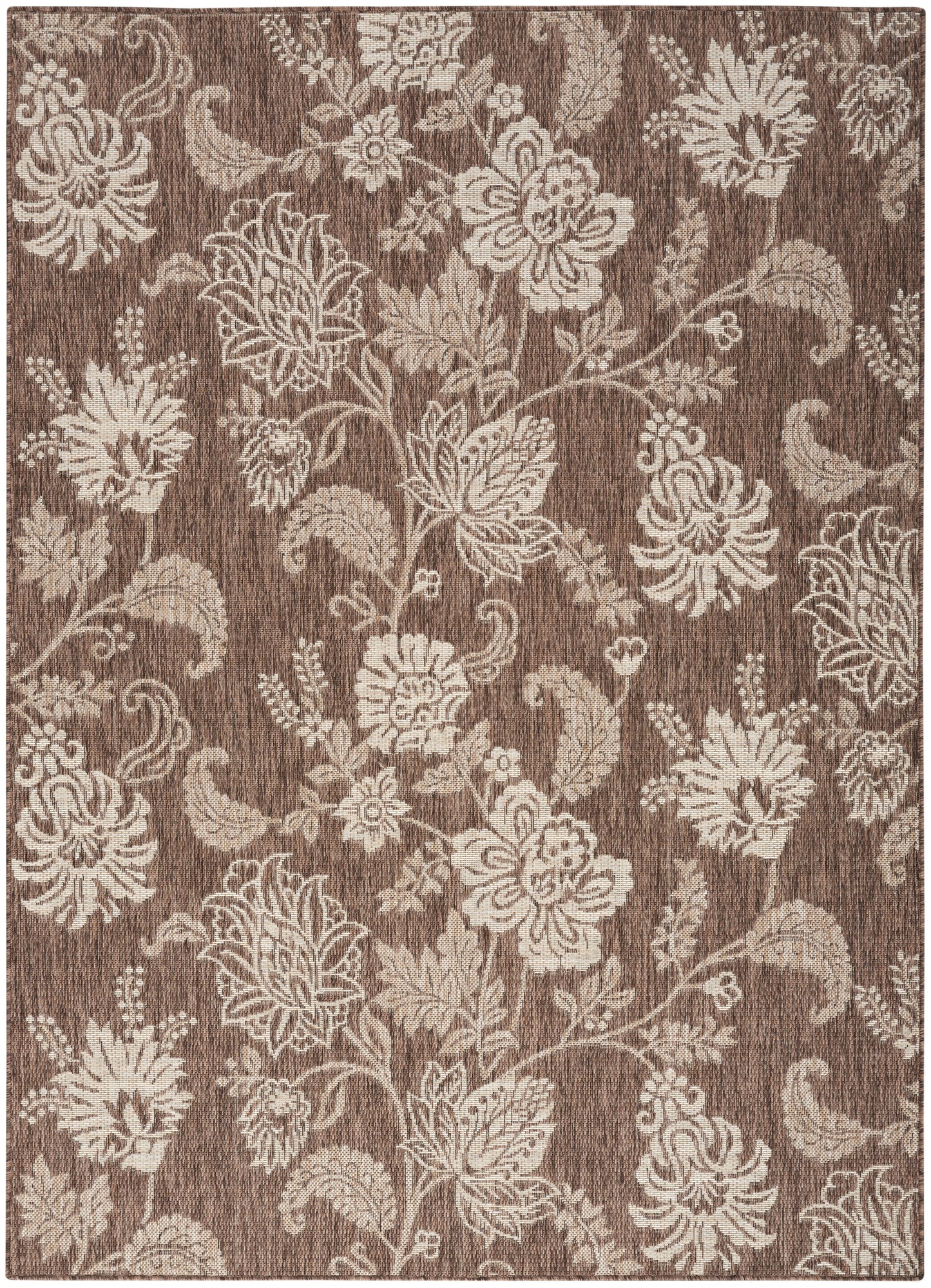 Brown area rug with cream floral damask pattern; rectangular woven rug for living room or bedroom.