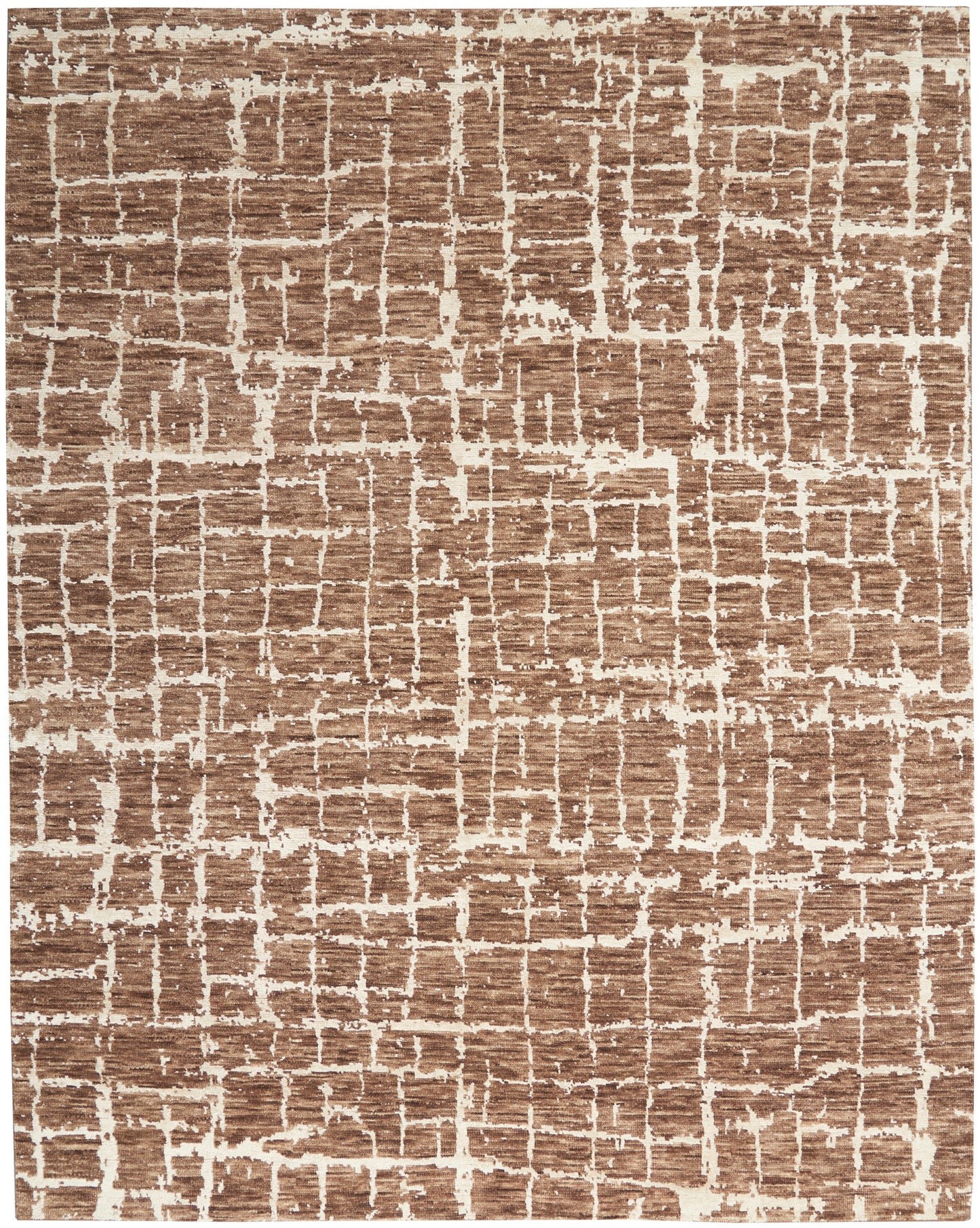 Brown rectangular rug with cream irregular grid pattern, distressed texture and modern geometric style.