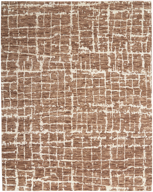 Brown rectangular rug with cream irregular grid pattern, distressed texture and modern geometric style.