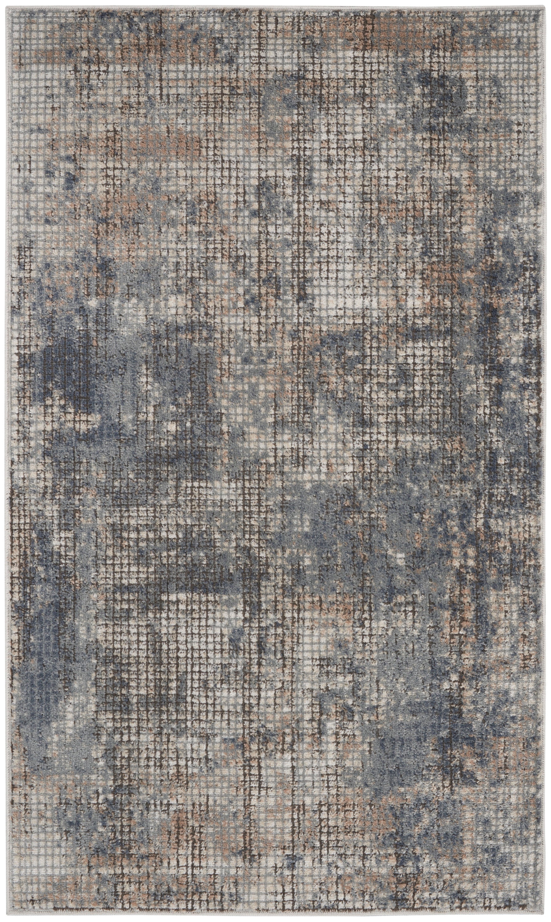 Rectangular distressed area rug in grey, blue and beige with a muted grid pattern, 3' x 5'.