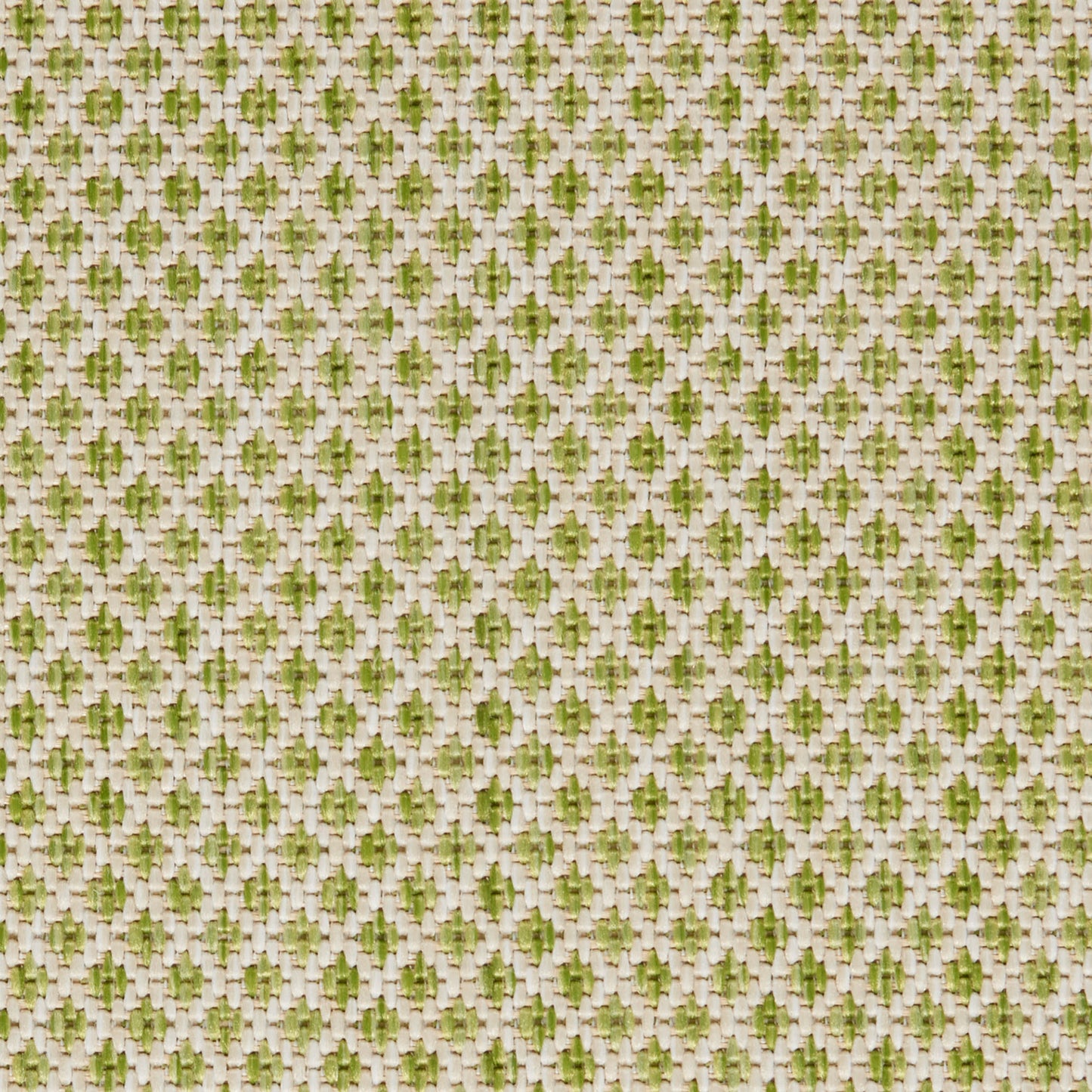 Close-up of olive green and beige woven fabric with a small geometric repeating pattern; upholstery textile.