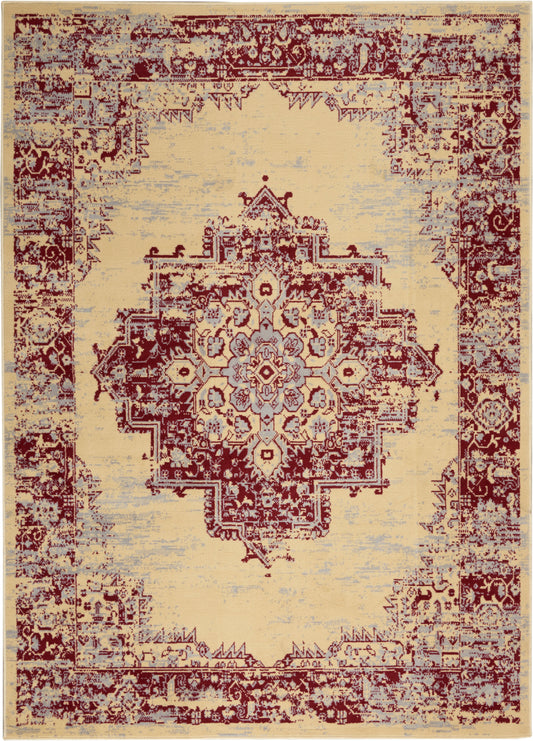 Distressed oriental rug with cream field, red border, and blue-ivory central medallion; Persian-inspired vintage style.