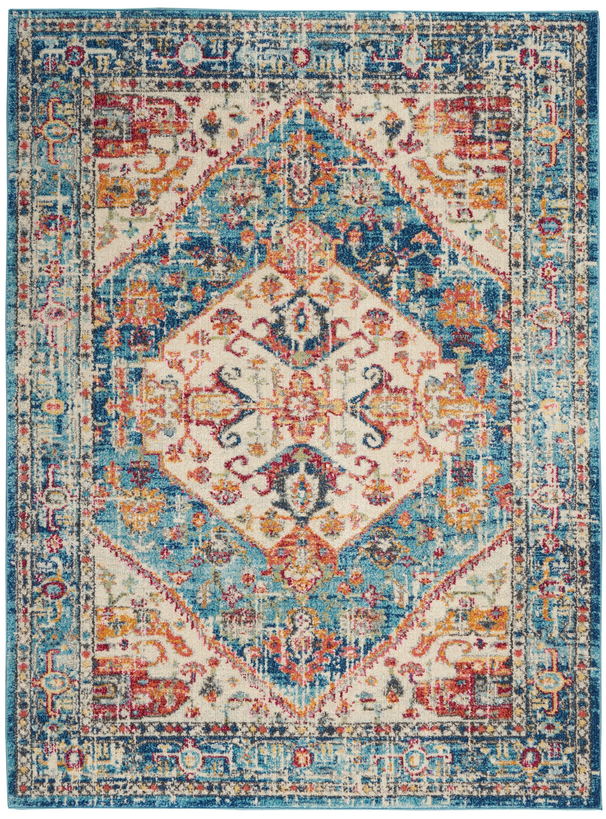 Colorful oriental area rug with blue-turquoise borders, ivory central diamond medallion, distressed finish and floral motifs.
