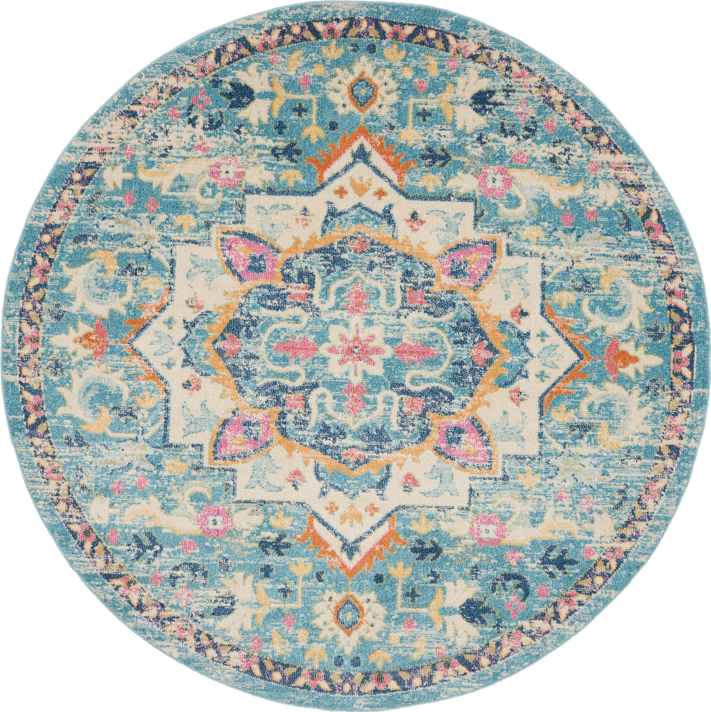 Round turquoise oriental rug with distressed blue and ivory pattern, central medallion, pink accents and floral border.