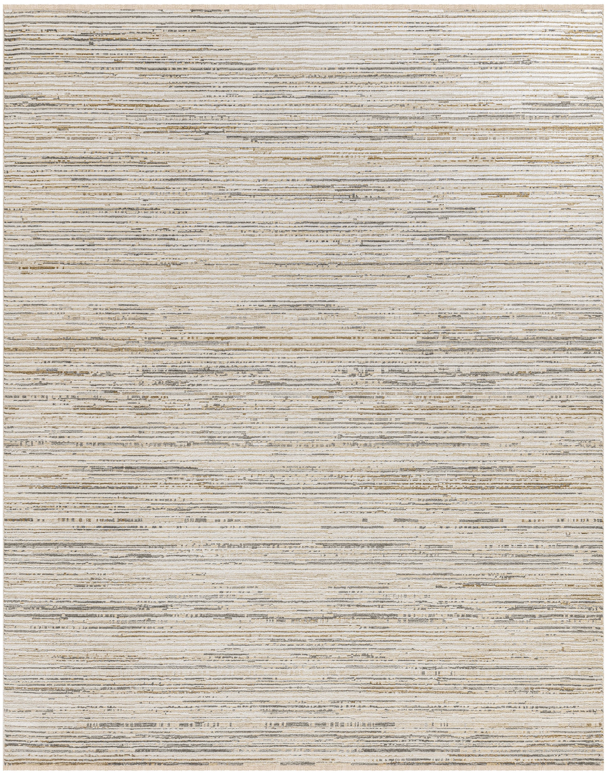 Beige flat-weave rug with subtle gray horizontal stripes; neutral modern style for living room or bedroom.